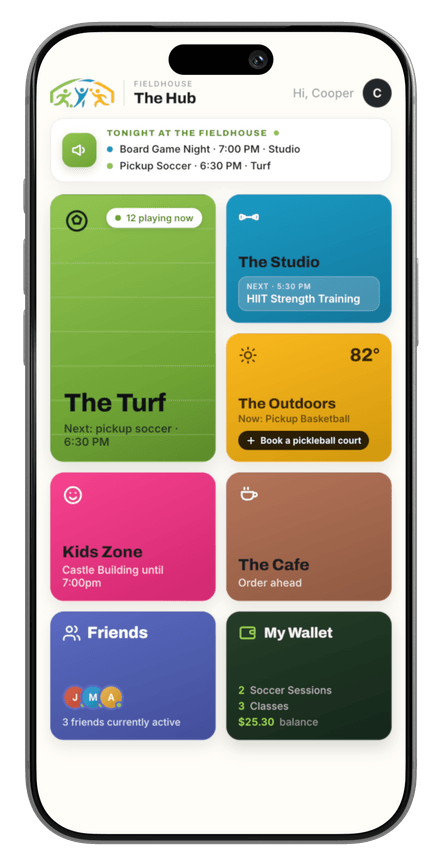 The Hub app on a phone, showing tonight's events and tiles for The Turf, The Studio, The Outdoors, Kids Zone, The Cafe, Friends, and My Wallet